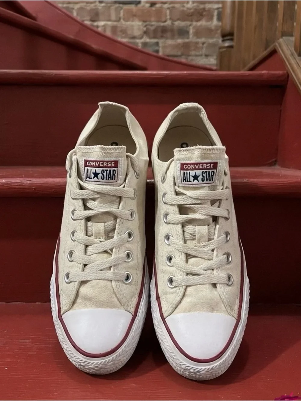 Converse Men's Low Top Sneakers in Cream with Red & Blue Stripe - UNISEX
